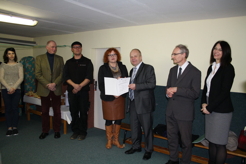 Kindertagesstätte "Weidenkätzchen" in Jävenitz - vlnr.: Uwe Harms MdL, Oliver Stegert (Stadtrat Gardelegen), Mandy Zepig (Bürgermeisterin Gardelegen), Dr. Klaus Klang (Finanzstaatssekretär), Steffen Volk (MF)